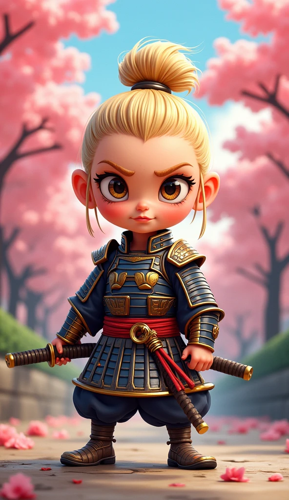 Create a proud cartoon caricature of a blond girl as a samurai. The character should have an expressive face showing confidence and determination, with large, exaggerated features to emphasize the cartoon style. She should be dressed in traditional samurai armor, adorned with vibrant colors and intricate patterns, and holding a katana with a fierce grip. The background can feature cherry blossom trees with petals gently falling around her, adding to the cultural essence. Aim for a playful yet strong representation, capturing the spirit of a warrior while keeping a whimsical and lively tone.