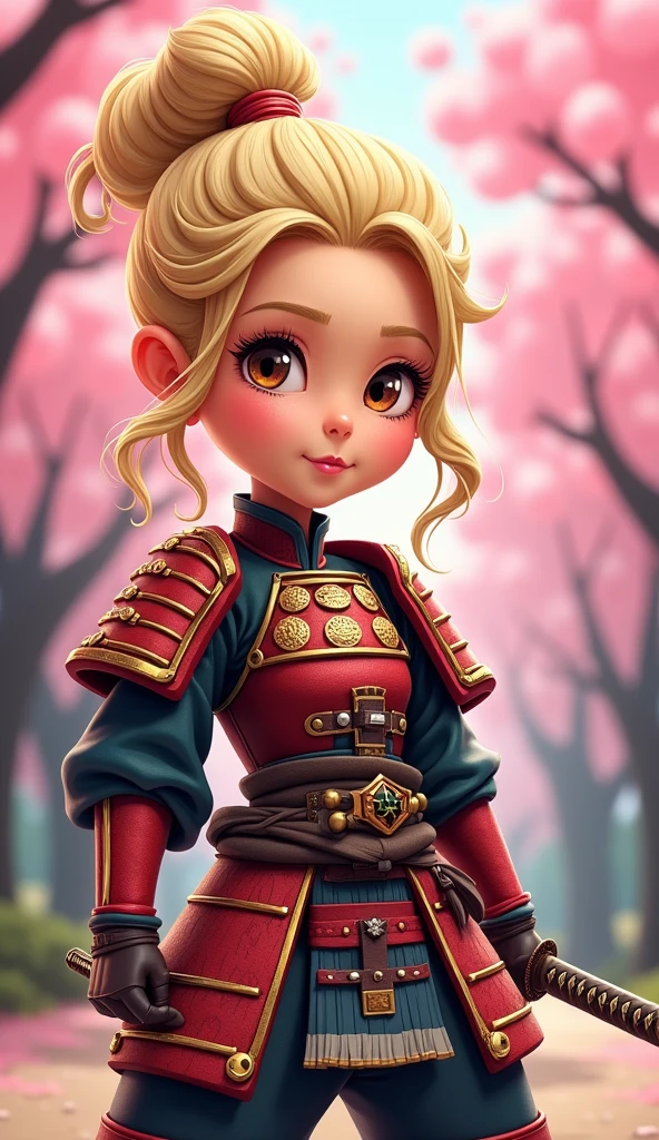 Create a proud cartoon caricature of a blond girl as a samurai. The character should have an expressive face showing confidence and determination, with large, exaggerated features to emphasize the cartoon style. She should be dressed in traditional samurai armor, adorned with vibrant colors and intricate patterns, and holding a katana with a fierce grip. The background can feature cherry blossom trees with petals gently falling around her, adding to the cultural essence. Aim for a playful yet strong representation, capturing the spirit of a warrior while keeping a whimsical and lively tone.