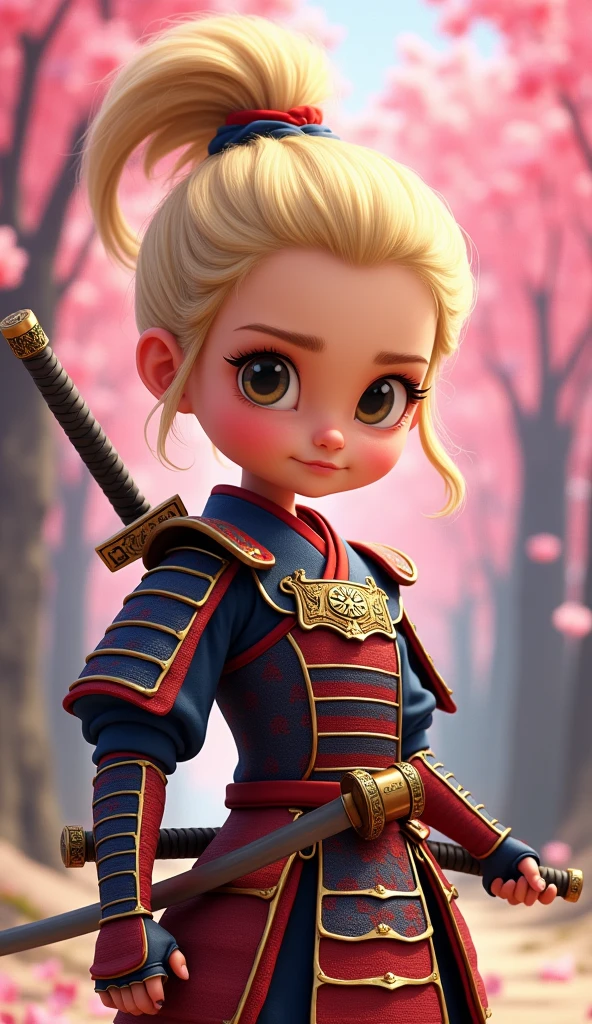 Create a proud cartoon caricature of a blond girl as a samurai. The character should have an expressive face showing confidence and determination, with large, exaggerated features to emphasize the cartoon style. She should be dressed in traditional samurai armor, adorned with vibrant colors and intricate patterns, and holding a katana with a fierce grip. The background can feature cherry blossom trees with petals gently falling around her, adding to the cultural essence. Aim for a playful yet strong representation, capturing the spirit of a warrior while keeping a whimsical and lively tone.