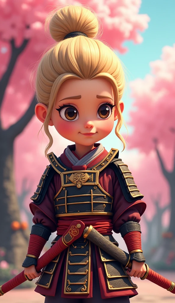 Create a proud cartoon caricature of a blond girl as a samurai. The character should have an expressive face showing confidence and determination, with large, exaggerated features to emphasize the cartoon style. She should be dressed in traditional samurai armor, adorned with vibrant colors and intricate patterns, and holding a katana with a fierce grip. The background can feature cherry blossom trees with petals gently falling around her, adding to the cultural essence. Aim for a playful yet strong representation, capturing the spirit of a warrior while keeping a whimsical and lively tone.