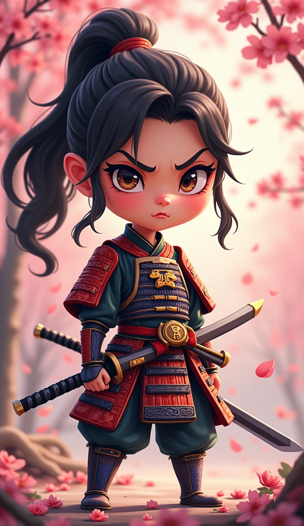 Create a proud cartoon caricature of a girl as a samurai, depicted from multiple angles. The character should showcase a confident and determined expression with exaggerated features that highlight her personality. Display her in traditional samurai armor, integrating vibrant colors and intricate patterns. Illustrate each angle—front, side, and back—so viewers can appreciate the details of her outfit and equipment, including a katana held in various poses. The background should feature elements like cherry blossom trees, creating a cohesive cultural theme. This multi-angle presentation should vividly capture the essence of a playful yet strong warrior.