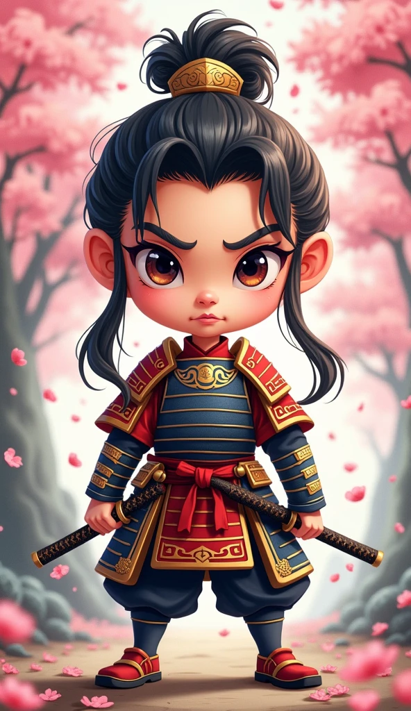 Create a proud cartoon caricature of a girl as a samurai, depicted from multiple angles. The character should showcase a confident and determined expression with exaggerated features that highlight her personality. Display her in traditional samurai armor, integrating vibrant colors and intricate patterns. Illustrate each angle—front, side, and back—so viewers can appreciate the details of her outfit and equipment, including a katana held in various poses. The background should feature elements like cherry blossom trees, creating a cohesive cultural theme. This multi-angle presentation should vividly capture the essence of a playful yet strong warrior.