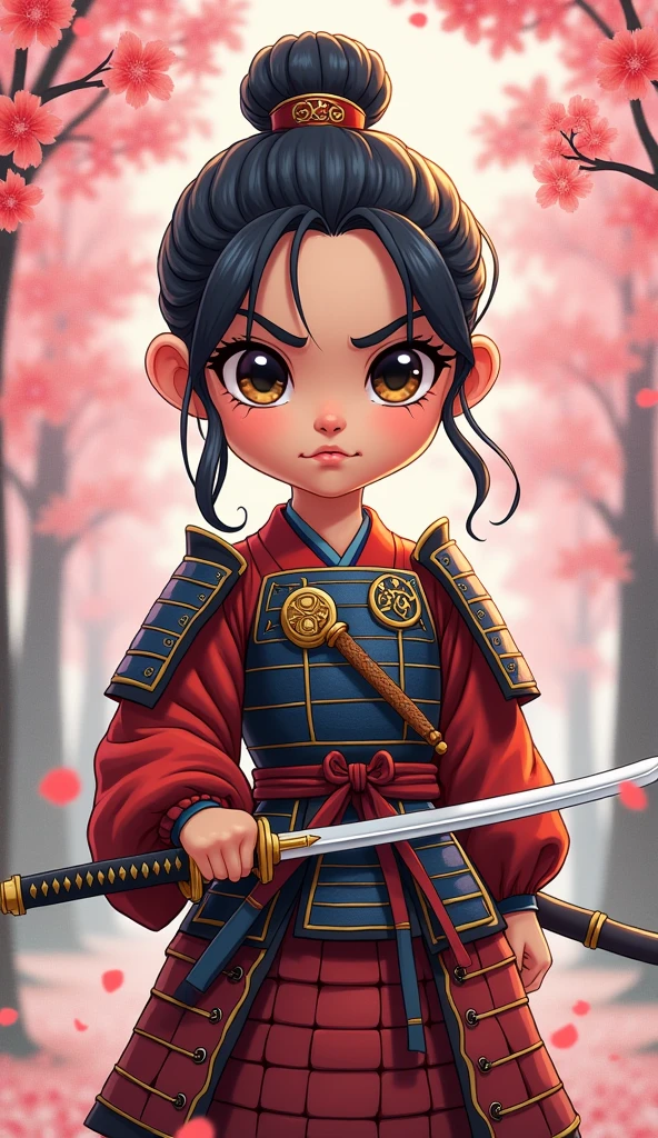 Create a proud cartoon caricature of a girl as a samurai, depicted from multiple angles. The character should showcase a confident and determined expression with exaggerated features that highlight her personality. Display her in traditional samurai armor, integrating vibrant colors and intricate patterns. Illustrate each angle—front, side, and back—so viewers can appreciate the details of her outfit and equipment, including a katana held in various poses. The background should feature elements like cherry blossom trees, creating a cohesive cultural theme. This multi-angle presentation should vividly capture the essence of a playful yet strong warrior.