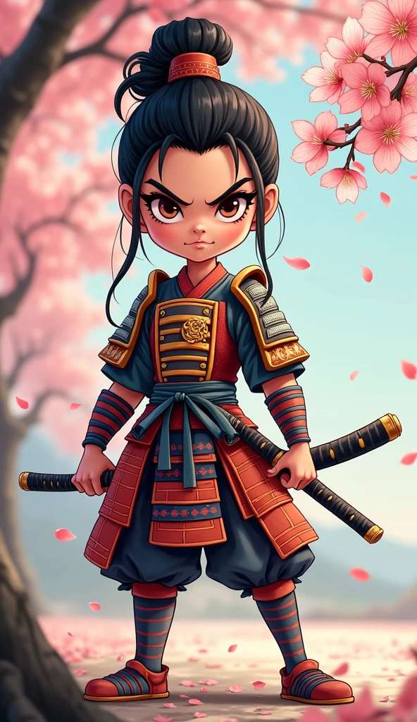 Create a proud cartoon caricature of a girl as a samurai, depicted from multiple angles. The character should showcase a confident and determined expression with exaggerated features that highlight her personality. Display her in traditional samurai armor, integrating vibrant colors and intricate patterns. Illustrate each angle—front, side, and back—so viewers can appreciate the details of her outfit and equipment, including a katana held in various poses. The background should feature elements like cherry blossom trees, creating a cohesive cultural theme. This multi-angle presentation should vividly capture the essence of a playful yet strong warrior.