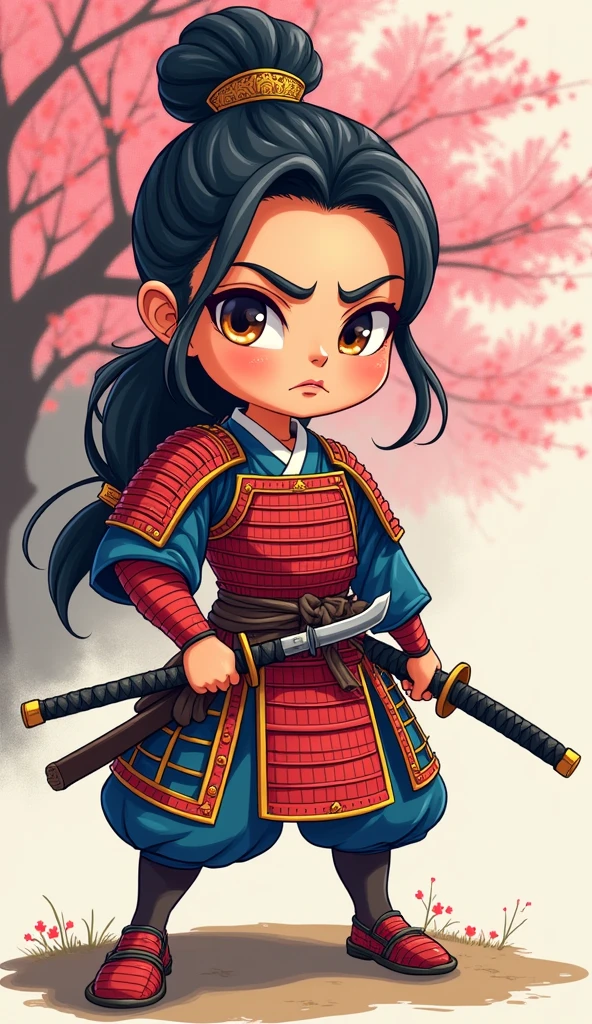 Create a proud cartoon caricature of a girl as a samurai, depicted from multiple angles. The character should showcase a confident and determined expression with exaggerated features that highlight her personality. Display her in traditional samurai armor, integrating vibrant colors and intricate patterns. Illustrate each angle—front, side, and back—so viewers can appreciate the details of her outfit and equipment, including a katana held in various poses. The background should feature elements like cherry blossom trees, creating a cohesive cultural theme. This multi-angle presentation should vividly capture the essence of a playful yet strong warrior.