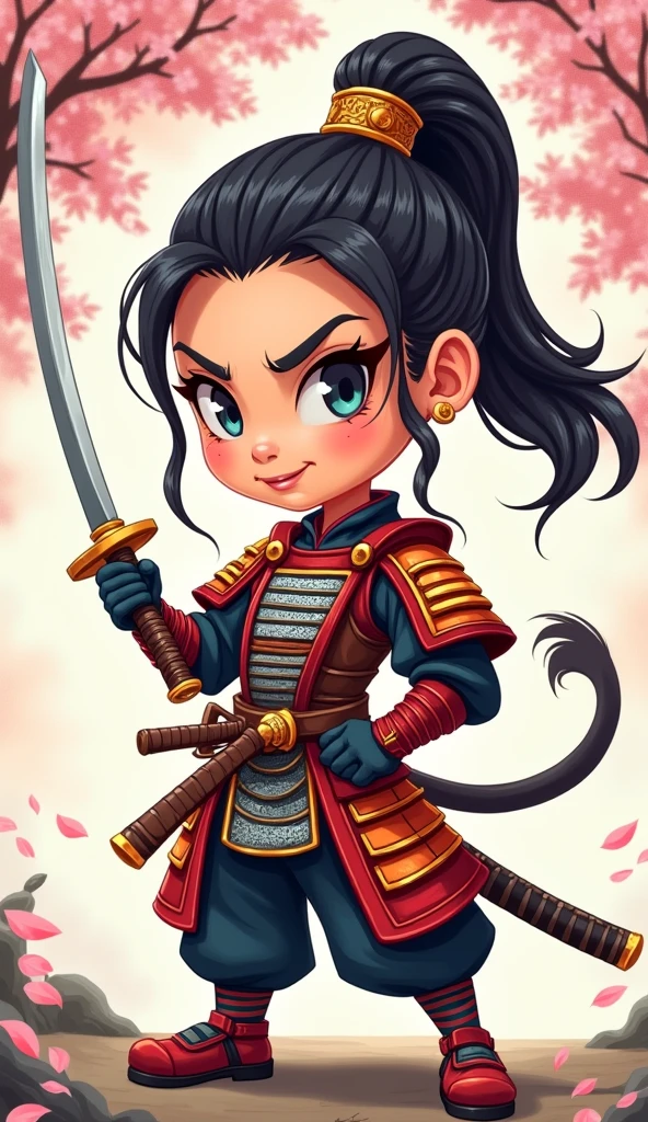 Create a proud cartoon caricature of a girl as a samurai, depicted from multiple angles. The character should showcase a confident and determined expression with exaggerated features that highlight her personality. Display her in traditional samurai armor, integrating vibrant colors and intricate patterns. Illustrate each angle—front, side, and back—so viewers can appreciate the details of her outfit and equipment, including a katana held in various poses. The background should feature elements like cherry blossom trees, creating a cohesive cultural theme. This multi-angle presentation should vividly capture the essence of a playful yet strong warrior.