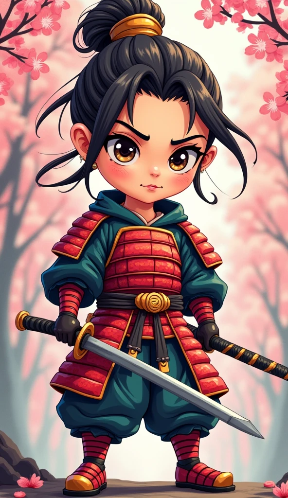 Create a proud cartoon caricature of a girl as a samurai, depicted from multiple angles. The character should showcase a confident and determined expression with exaggerated features that highlight her personality. Display her in traditional samurai armor, integrating vibrant colors and intricate patterns. Illustrate each angle—front, side, and back—so viewers can appreciate the details of her outfit and equipment, including a katana held in various poses. The background should feature elements like cherry blossom trees, creating a cohesive cultural theme. This multi-angle presentation should vividly capture the essence of a playful yet strong warrior.