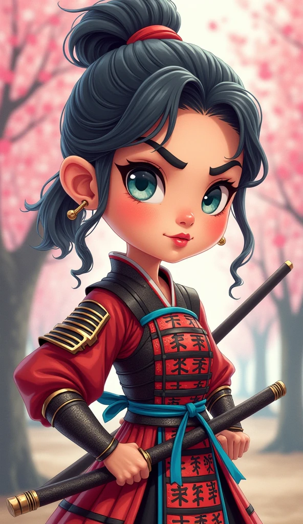 Create a proud cartoon caricature of a girl as a samurai, depicted from multiple angles. The character should showcase a confident and determined expression with exaggerated features that highlight her personality. Display her in traditional samurai armor, integrating vibrant colors and intricate patterns. Illustrate each angle—front, side, and back—so viewers can appreciate the details of her outfit and equipment, including a katana held in various poses. The background should feature elements like cherry blossom trees, creating a cohesive cultural theme. This multi-angle presentation should vividly capture the essence of a playful yet strong warrior.