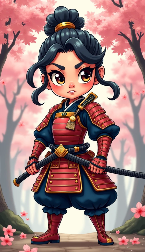 Create a proud cartoon caricature of a girl as a samurai, depicted from multiple angles. The character should showcase a confident and determined expression with exaggerated features that highlight her personality. Display her in traditional samurai armor, integrating vibrant colors and intricate patterns. Illustrate each angle—front, side, and back—so viewers can appreciate the details of her outfit and equipment, including a katana held in various poses. The background should feature elements like cherry blossom trees, creating a cohesive cultural theme. This multi-angle presentation should vividly capture the essence of a playful yet strong warrior.