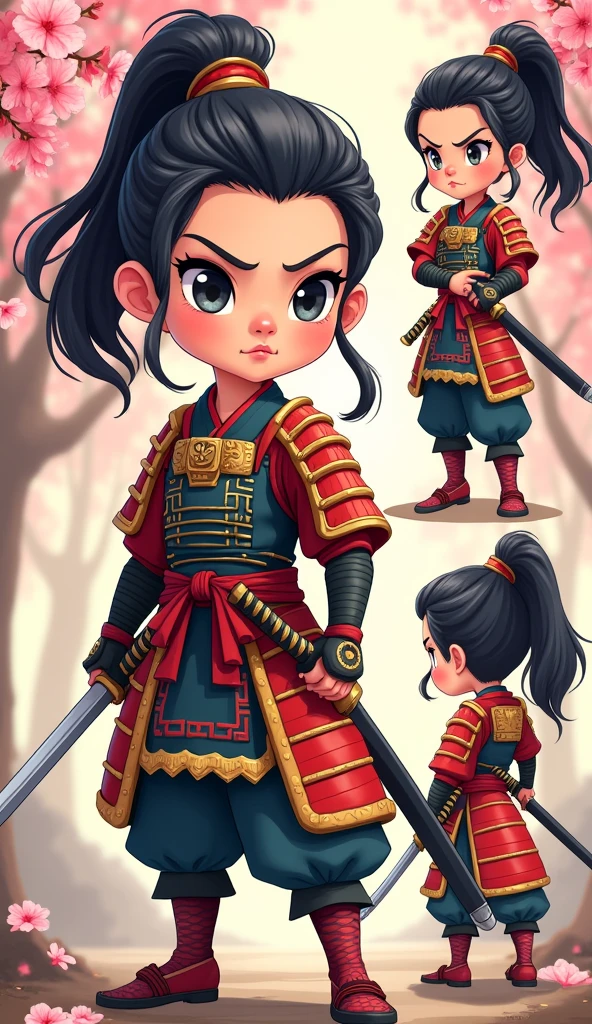 Create a proud cartoon caricature of a girl as a samurai, depicted from multiple angles. The character should showcase a confident and determined expression with exaggerated features that highlight her personality. Display her in traditional samurai armor, integrating vibrant colors and intricate patterns. Illustrate each angle—front, side, and back—so viewers can appreciate the details of her outfit and equipment, including a katana held in various poses. The background should feature elements like cherry blossom trees, creating a cohesive cultural theme. This multi-angle presentation should vividly capture the essence of a playful yet strong warrior.