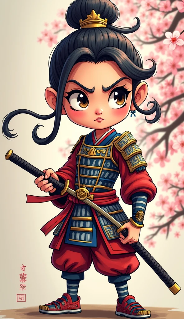 Create a proud cartoon caricature of a girl as a samurai, depicted from multiple angles. The character should showcase a confident and determined expression with exaggerated features that highlight her personality. Display her in traditional samurai armor, integrating vibrant colors and intricate patterns. Illustrate each angle—front, side, and back—so viewers can appreciate the details of her outfit and equipment, including a katana held in various poses. The background should feature elements like cherry blossom trees, creating a cohesive cultural theme. This multi-angle presentation should vividly capture the essence of a playful yet strong warrior.