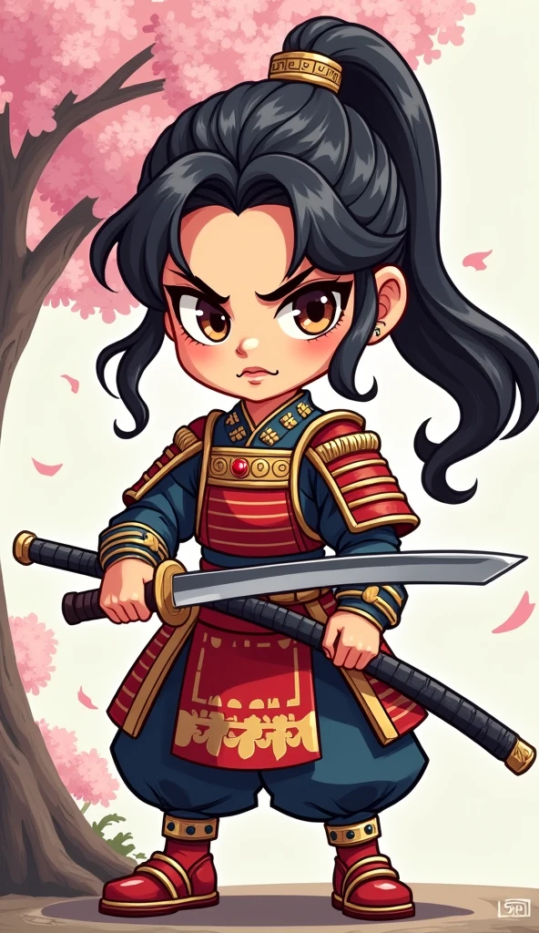 Create a proud cartoon caricature of a girl as a samurai, depicted from multiple angles. The character should showcase a confident and determined expression with exaggerated features that highlight her personality. Display her in traditional samurai armor, integrating vibrant colors and intricate patterns. Illustrate each angle—front, side, and back—so viewers can appreciate the details of her outfit and equipment, including a katana held in various poses. The background should feature elements like cherry blossom trees, creating a cohesive cultural theme. This multi-angle presentation should vividly capture the essence of a playful yet strong warrior.