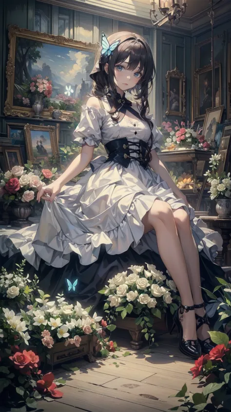 (masterpiece: 1.2), (Very detailed: 1.2), (Very detailed CG: 1.2), (High image quality: 1.2), (最High image quality), 8k,  anime illustration, Girl sitting in a flower field,A butterfly with a slightly sad expression々View、((There&#39;s a butterfly on my finger々))、Butterflies fluttering々dance、Beautiful work
