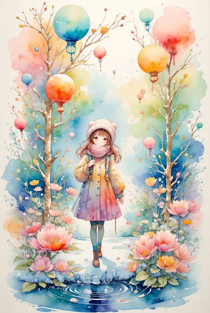 (masterpiece, best quality:1.2), watercolor style,1girl, girls in winter clothes , girls are holding umbrellas, it's snowing ,fa...