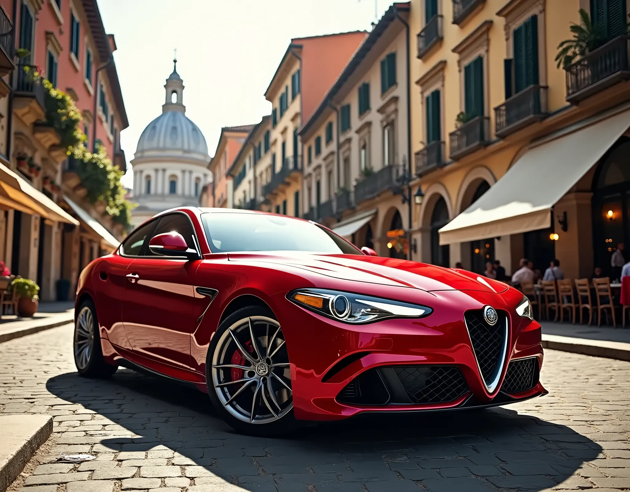 Alfa Romeo_Brera ,  red body coupe ,Italian cityscape