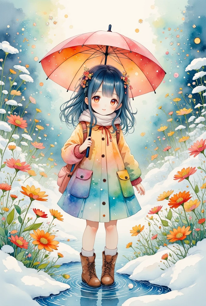 (masterpiece, best quality:1.2), watercolor style, 1 girl, girl in winter clothes, girl holding umbrella, snowing, fantasy, beautiful as a dream, detailed facial features, high quality, intricate details, magical atmosphere, soft colors, warm lighting, dreamlike quality, photorealistic