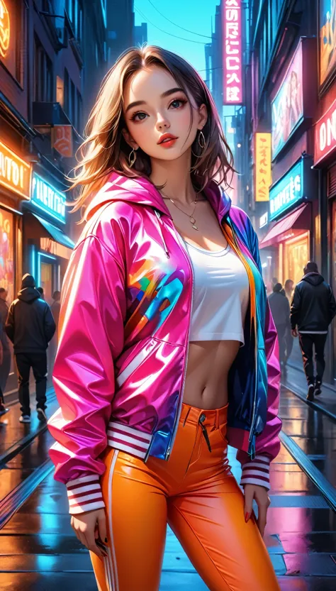 a colorful hip hop girl rapper in vibrant outfit, beautiful detailed eyes, beautiful detailed lips, extremely detailed eyes and face, long eyelashes, dynamic pose, street fashion, urban setting, (best quality,4k,8k,highres,masterpiece:1.2),ultra-detailed,(realistic,photorealistic,photo-realistic:1.37),dynamic lighting,vivid colors,neon lights,gritty,graffiti