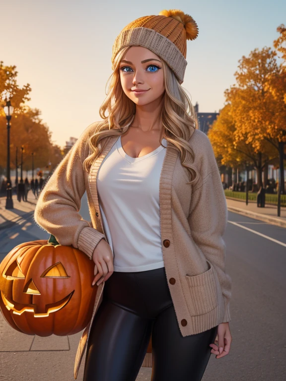 (masterpiece:1.2), best quality, high resolution, unity 8k wallpaper, (illustration:0.8), (beautiful detailed eyes:1.6), extremely detailed face, perfect lighting, extremely detailed CG, (perfect hands, perfect anatomy), 1girl, solo, blonde hair, blue eyes. (holding a Pumpkin Spice Latte:1.3). (Wearing: Orange beanie, gray fuzzy cardigan, orange shirt, and black leggings). Calm smile on her face, she’s standing. Background: City park, autumn season, fall season.
