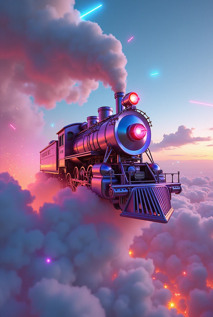 conceptual installation art with bright and colorful random colors, futuristic iridescent-plated steam locomotive that run above the clouds, various effects, BREAK background galaxy, neon-colored cosmic ray, shattering the space around her like broken iridescent glass, foggy filter effects, dust glitter effects, delicate and dynamic textures, contrasts of light and shadow, 2.5D, artistic photography, hyper realistic, digital graphic CG, BREAK ultra detailed, absolutely resolution, best quality