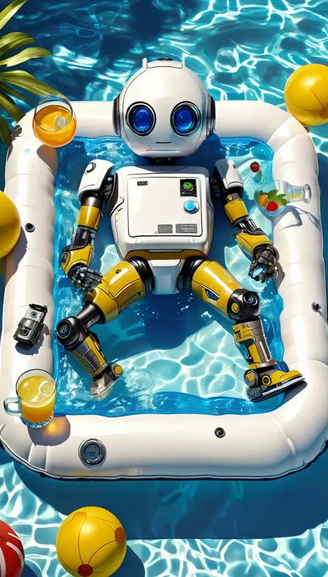 thumbnail image seen from above , plano general, mini robot,  lying on an inflatable pool bed in the middle of a pool,  he is relaxing enjoying a drink , Uhigh definition,  masterpiece, Retina, necessary,  body tattoos, Textured skin, Super detail, High details, High quality, Award Winner,  The best quality , highres, 1080P, high definition, 16K