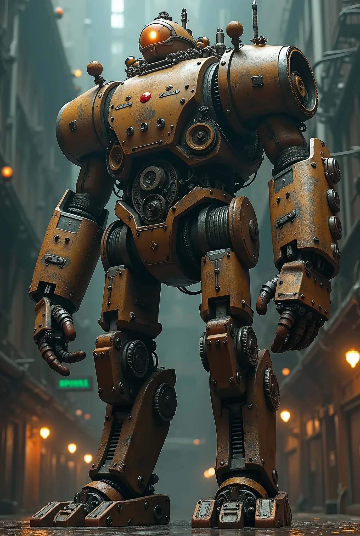 a giant industrial mechanical machine, steampunk style, 8k, highly detailed, intricate gears and mechanisms, metallic textures, rust and weathered surfaces, complex machinery, dramatic lighting, cinematic composition, moody atmosphere, dark and gritty, shiny chrome accents, deep shadows, warm color tones, volumetric lighting, photorealistic, award-winning concept art