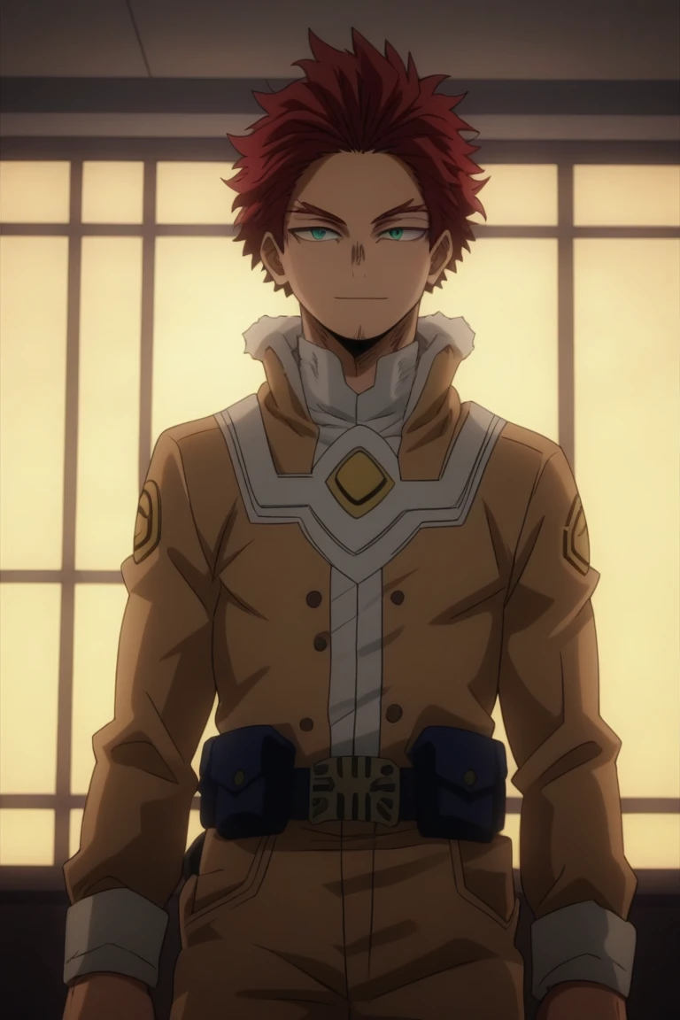  He is a 21 year old adult , has red hair, slightly disheveled, turquoise eyes something ,  He is dressed in the anime uniform "my hero academia", happy face, 8K, High quality,  masterpiece, normal lighting, anime effect MHA , bright colors