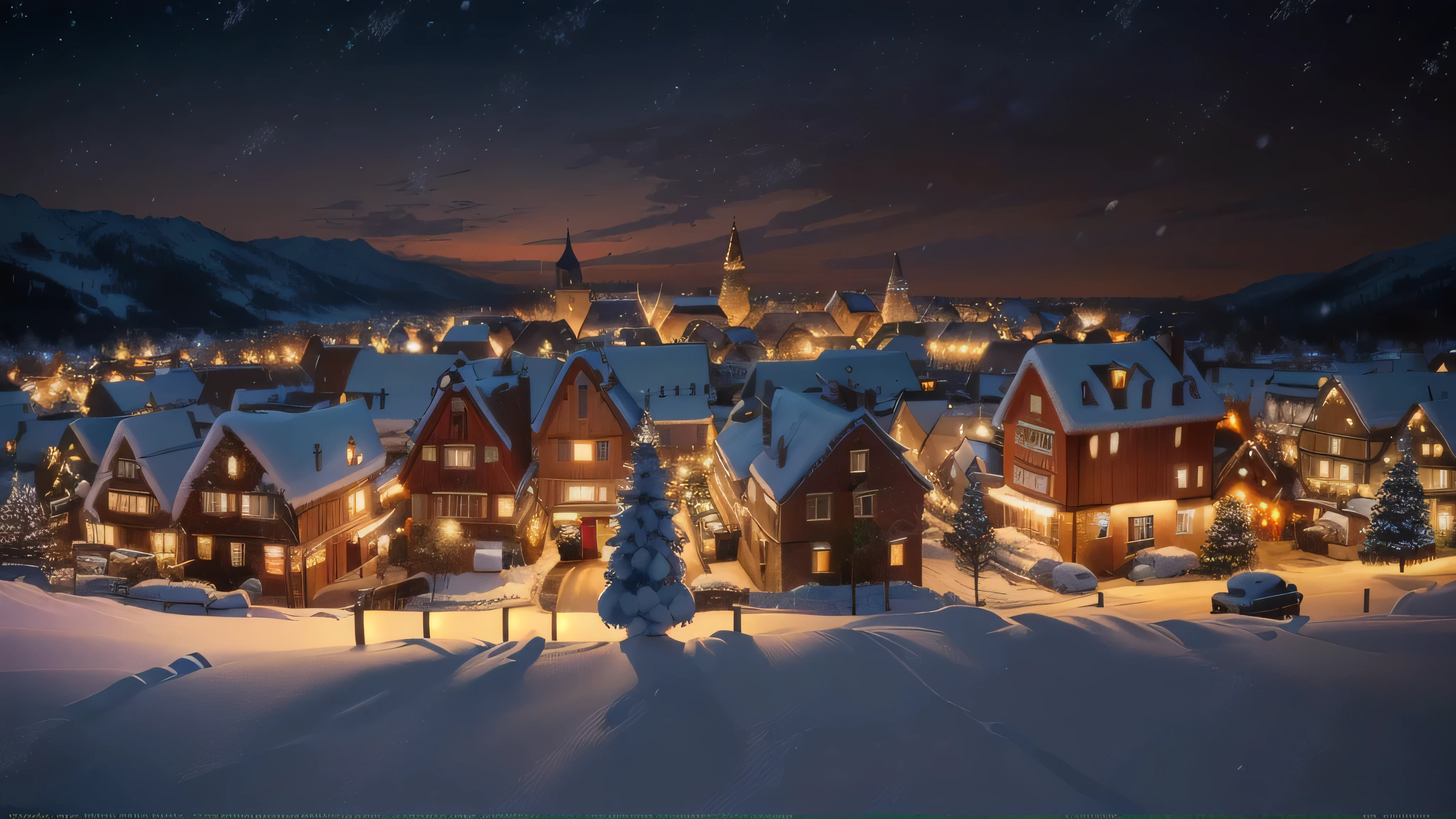 (extremely detailed CG unity 8k wallpaper), full shot photo of a close up of a small town with a lot of lights on it, nightime village background, (((snowy winter christmas night))), (((christmas night))), town background, realistic photo of a town, winter night, foreground background, magical village, beautifully lit buildings, scandinavian, snowy night, townscape, highly detailed scene, town in the background, quaint village professional majestic oil painting by Ed Blinkey, Atey Ghailan, by Jeremy Mann, Greg Manchess, Antonio Moro, trending on ArtStation, trending on CGSociety, Intricate, High Detail, Sharp focus, dramatic, photorealistic painting art by midjourney and greg rutkowski