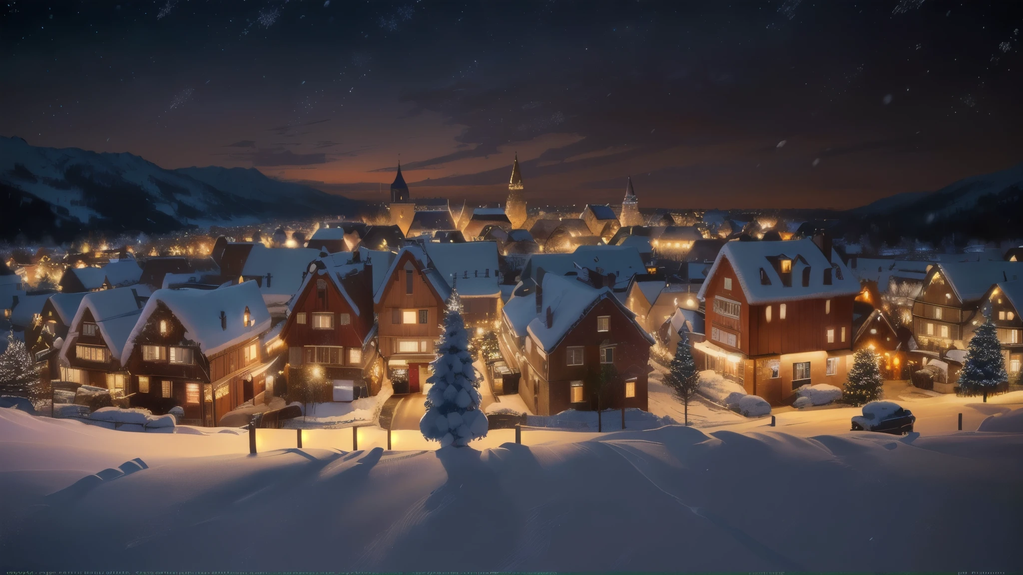 (extremely detailed CG unity 8k wallpaper), full shot photo of a close up of a small town with a lot of lights on it, nightime village background, (((snowy winter christmas night))), (((christmas night))), town background, realistic photo of a town, winter night, foreground background, magical village, beautifully lit buildings, scandinavian, snowy night, townscape, highly detailed scene, town in the background, quaint village professional majestic oil painting by Ed Blinkey, Atey Ghailan, by Jeremy Mann, Greg Manchess, Antonio Moro, trending on ArtStation, trending on CGSociety, Intricate, High Detail, Sharp focus, dramatic, photorealistic painting art by midjourney and greg rutkowski