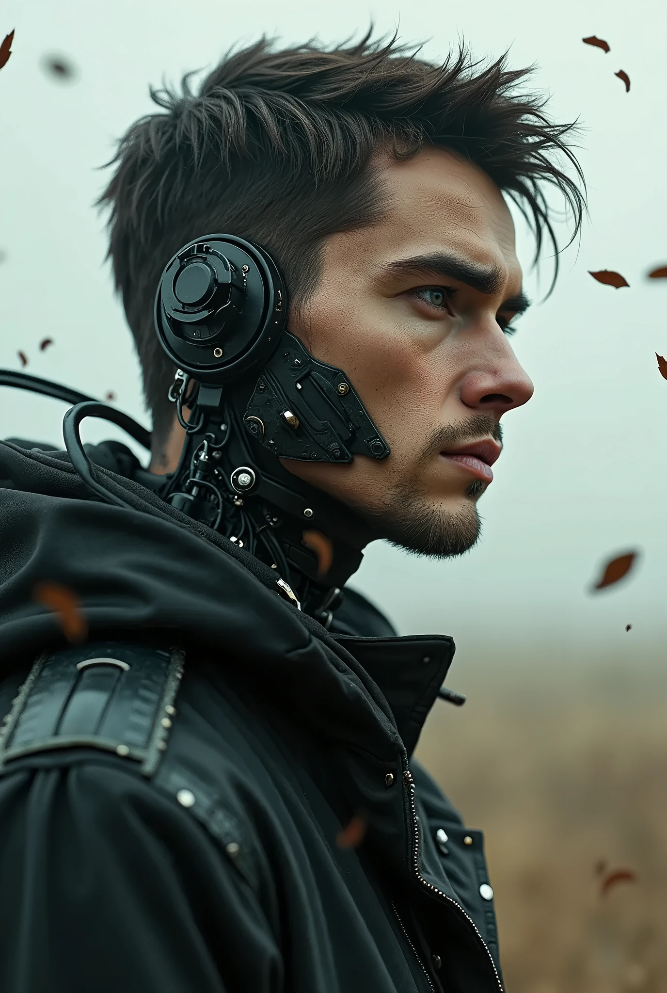  full plane from head to toe , plano general:1.4, ( handsome cyborg young man ) bold, Menacing gaze.  he is half in profile the image is seen from head to toe, there is wind,  leaves fly and some dust , He wears gothic clothing ,  with mechanical body parts ,  cables terminal circuits ,  she looks at the horizon , UHD, Retina, masterpiece, Accurate, anatomically correct, textured skin, Super detail, high details, high quality, Award Winning, best quality, highres, 1080P, HD, 16K