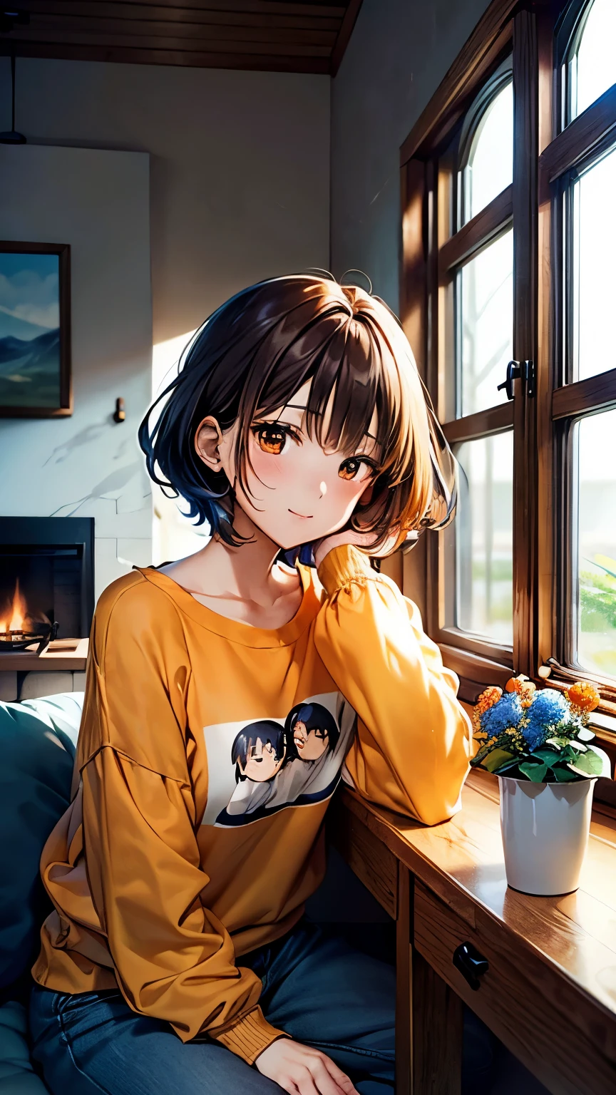 An anime-style 25-year-old Japanese mother named Shiori with a fluffy orange bob cut and gentle brown eyes. She is wearing an orange long-sleeved T-shirt and blue jeans, complemented by comfortable slippers. She is barefoot and depicted from head to toe in a cozy living room with minimal furniture, either doing housework or resting after chores. A vase with fresh flowers sits on a nearby table. High detail, soft lighting, peaceful atmosphere.
