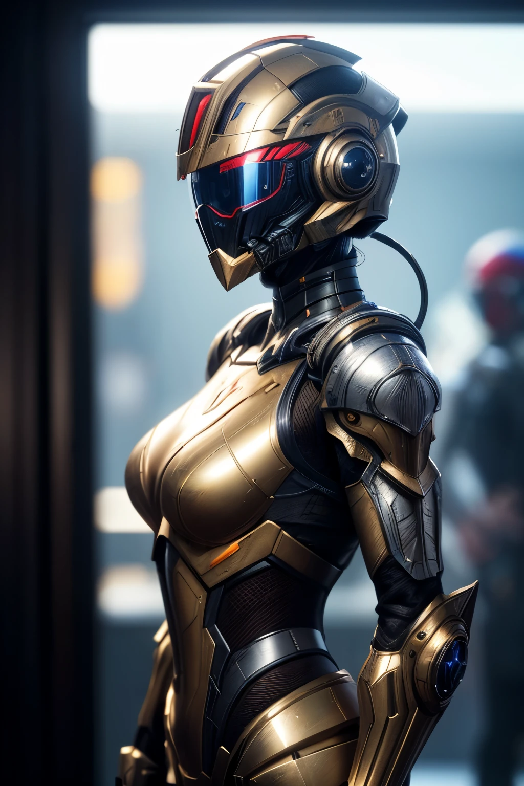 (by frank hong, by maciej kuciara), close-up upperbody, illustration of a girl in sci-fi armored suit, (masterpiece, award winning art), concept art, game art, (8k, hd, best quality, highres:1.4), (extremely detailed:1.5), (octane render unreal engine), (cgi:1.2), (sci fi indoors), metallic colors, (helmet on), (steel metal, worn), sharp focus, volumetrics dtx, cinematic spotlighting, sharp shadows, (reflection of light), metal reflections, (depth of field, blurry background, blurry foreground), trending on artstation, trending on deviantart, (best image:1.5)