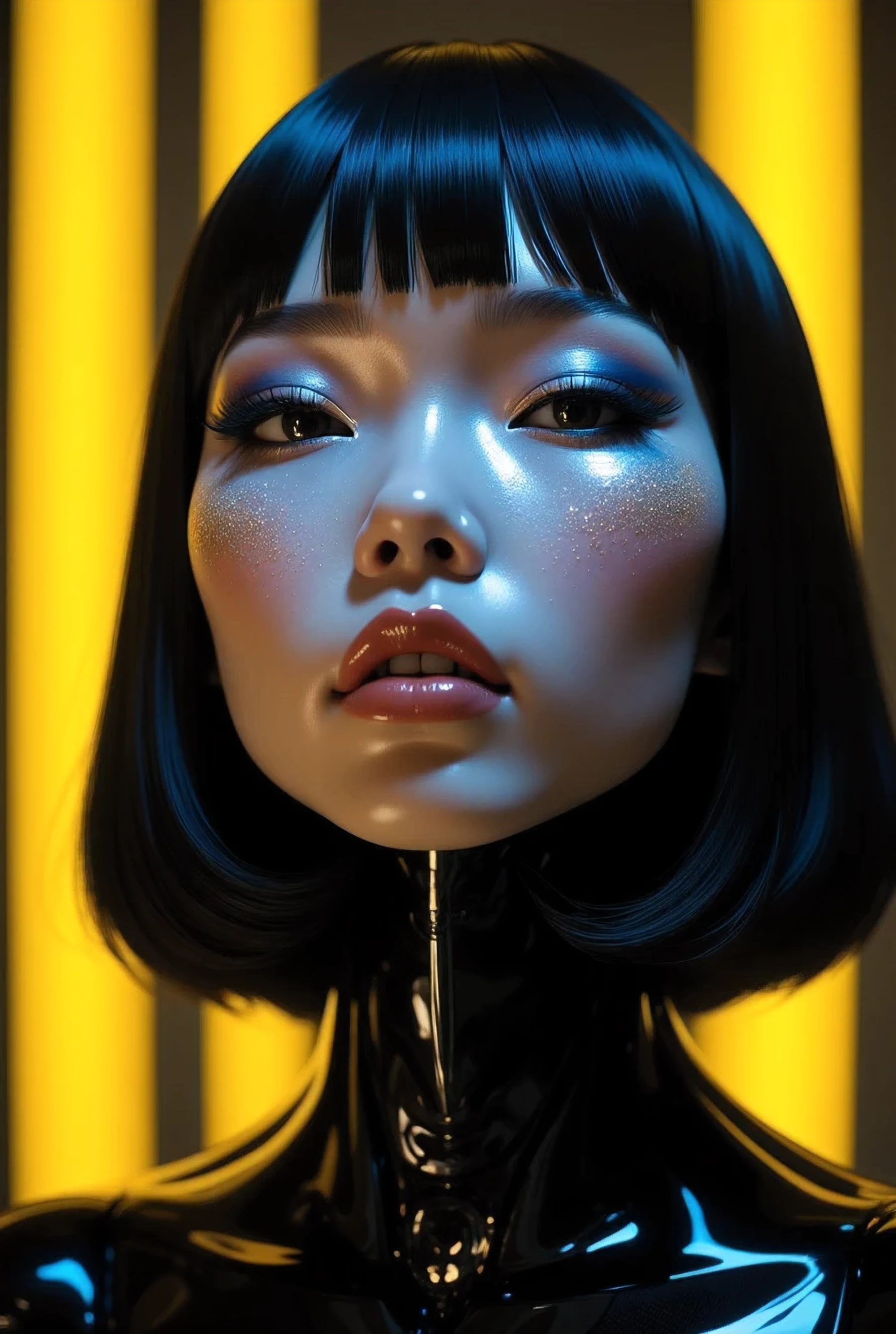 80’s glam rock makeup on shiny android face, anime, 2.5D, Glittery face, moody lighting, (yellow and black palette), iridescent face, abstract ai model, pretty, sexy, minimal, sleek, slender, asian, elegant, chic, futuristic, retro, sophisticated half human half machine, close up face portrait,
