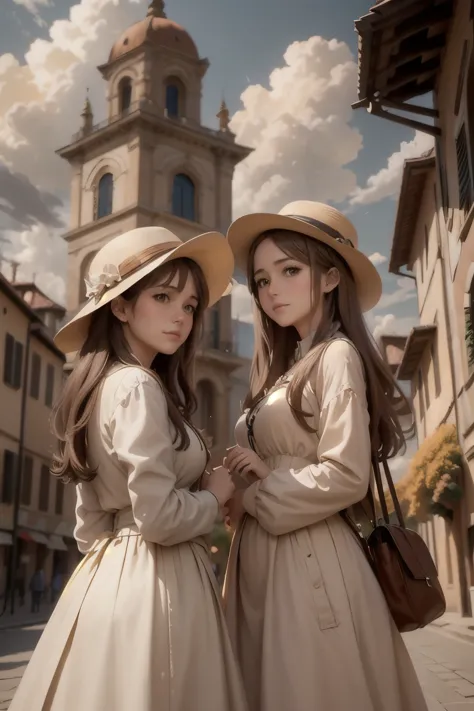 Padua city ,  Italian Renaissance style building , Dramatic lighting, Autumn leaves tree々, Anime Scenery, Ghibli, Sky with clouds, Two beautiful mothers and their cute little daughter in white dresses and hats decorated with autumn leaves:1.3,