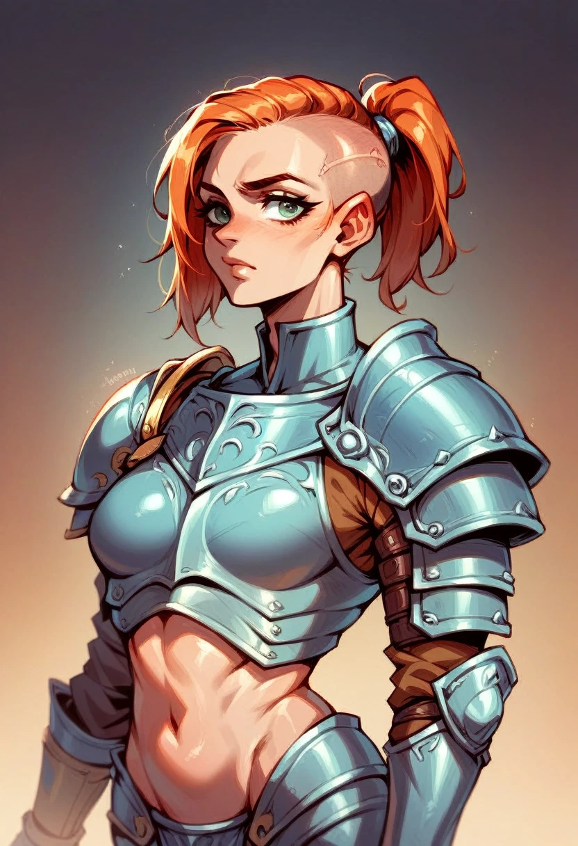 Sexy redhead warrior girl, ponytail, shaved hairs, furm armor