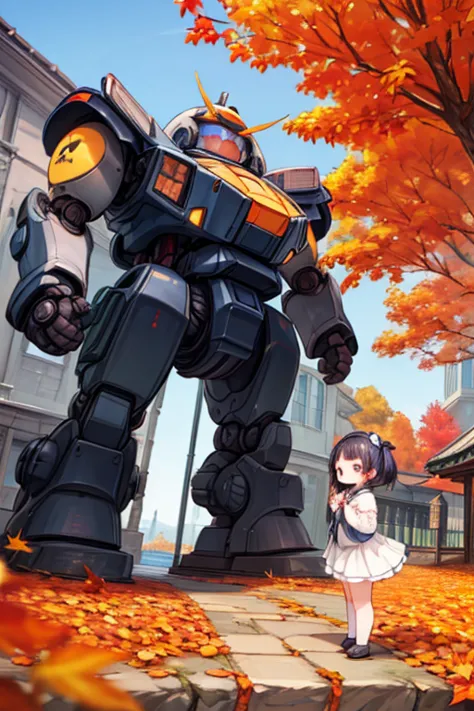  cute girl ， anime girl , Super giant robotットの上からの海の眺め， High resolution, autumn、autumn leaves，，detailed, 32K，Lighthouse，Super giant robot，