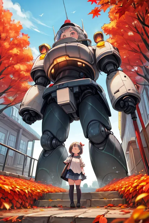  cute girl ， anime girl , Super giant robotットの上からの海の眺め， High resolution, autumn、autumn leaves，，detailed, 32K，Lighthouse，Super giant robot，