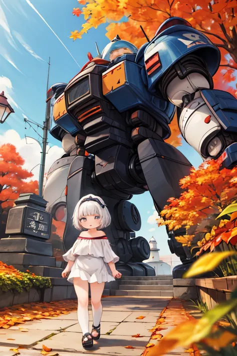  cute girl ， anime girl , Super giant robotットの上からの海の眺め， High resolution, autumn、autumn leaves，，detailed, 32K，Lighthouse，Super giant robot，