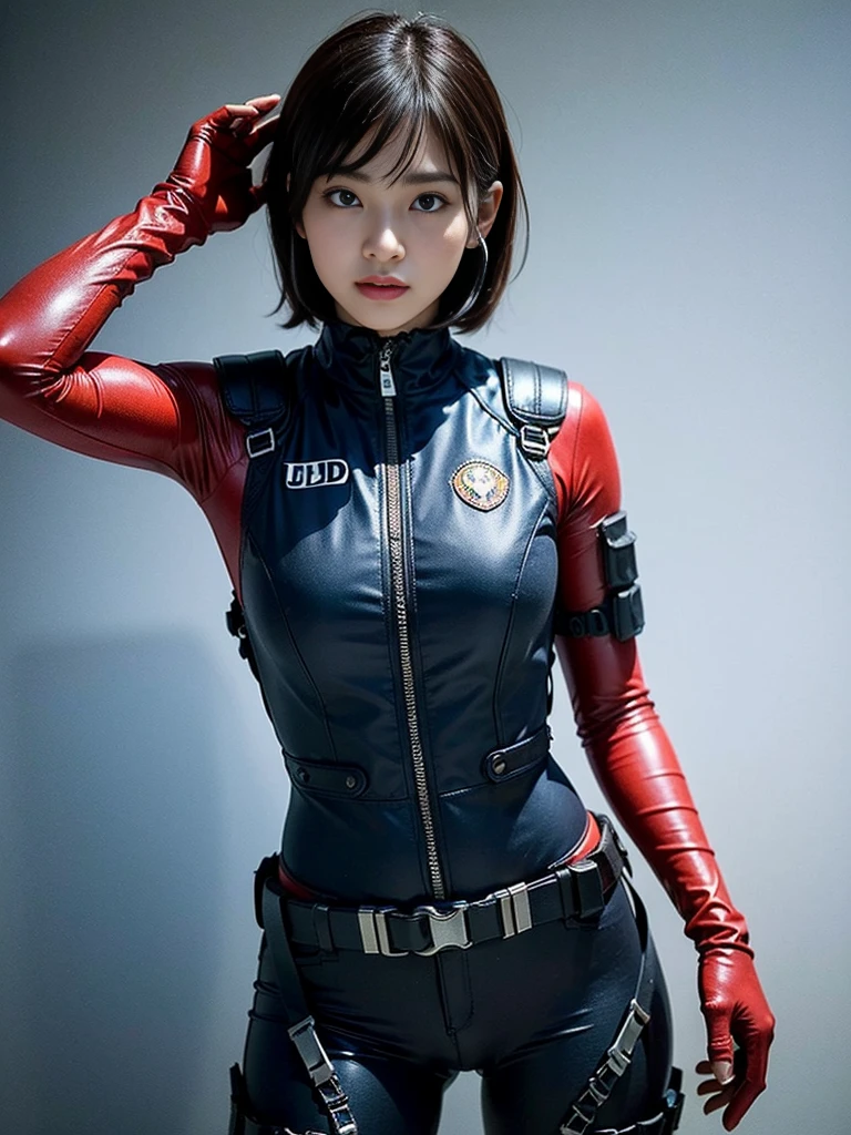 ((Best Quality,8k,UHD,masterpiece: 1.3)), ((Best Quality)), Realistic, Photorealism, Realistic, High resolution, A brave Japanese girl, Combat pose, Looking into the camera, (Detailed face), Short Hair, (Wearing a red rubber suit, Tactical Vest, Military Harness, Blue gloves, High-tech headsets), (The color of the fabric is red with a black base.), Revealed thighs, gun, Fingers are blocked, Detailed electrical work bulletin board background,Earth Federation Emblem,Beautiful breasts,The zipper on the chest is open,Beautiful valley