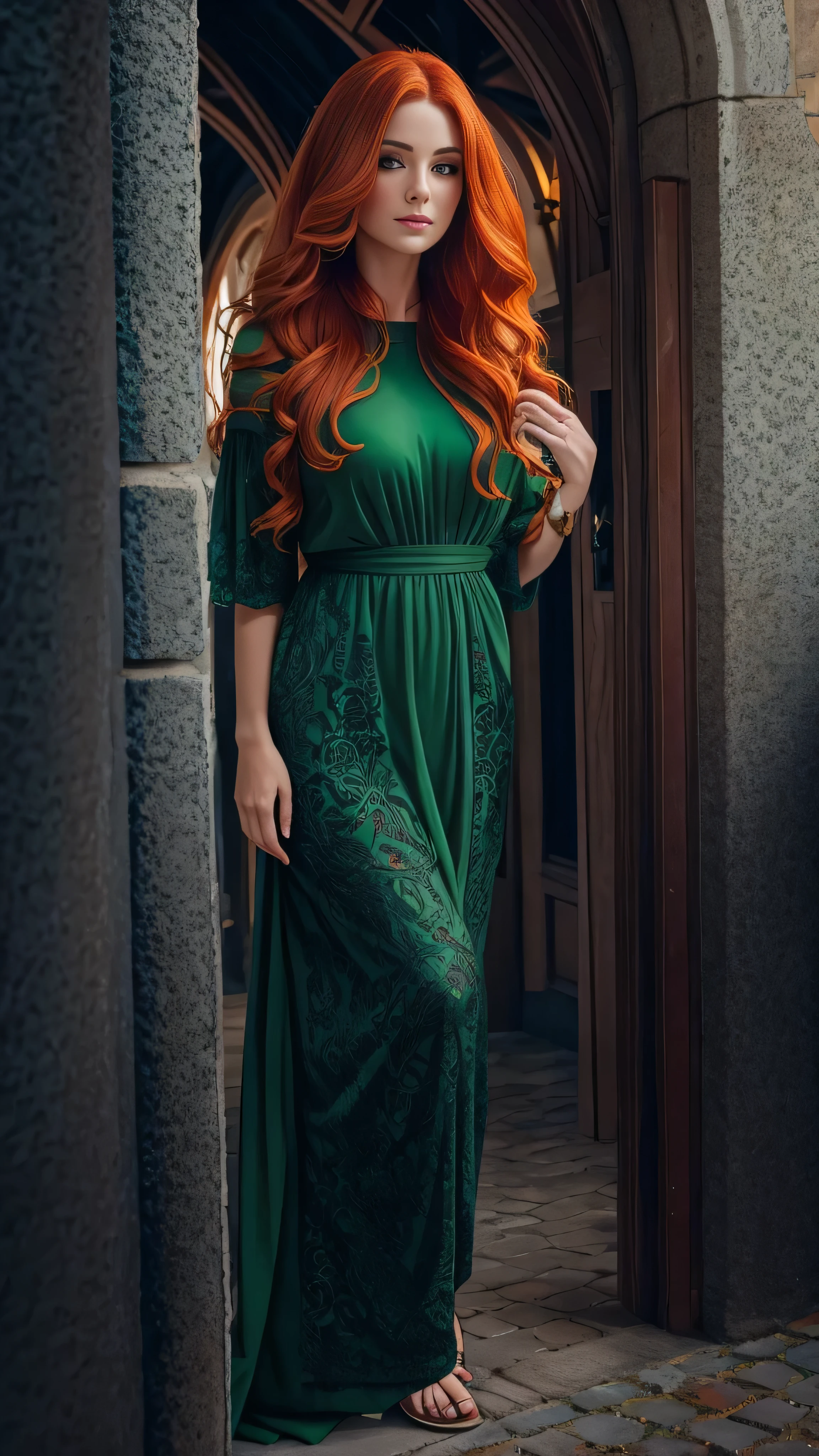 High resolution, (The finest details) (Best Quality), Redhead woman with long red hair and green dress taking a photo, Mature and gorgeous, Natural light and shadow