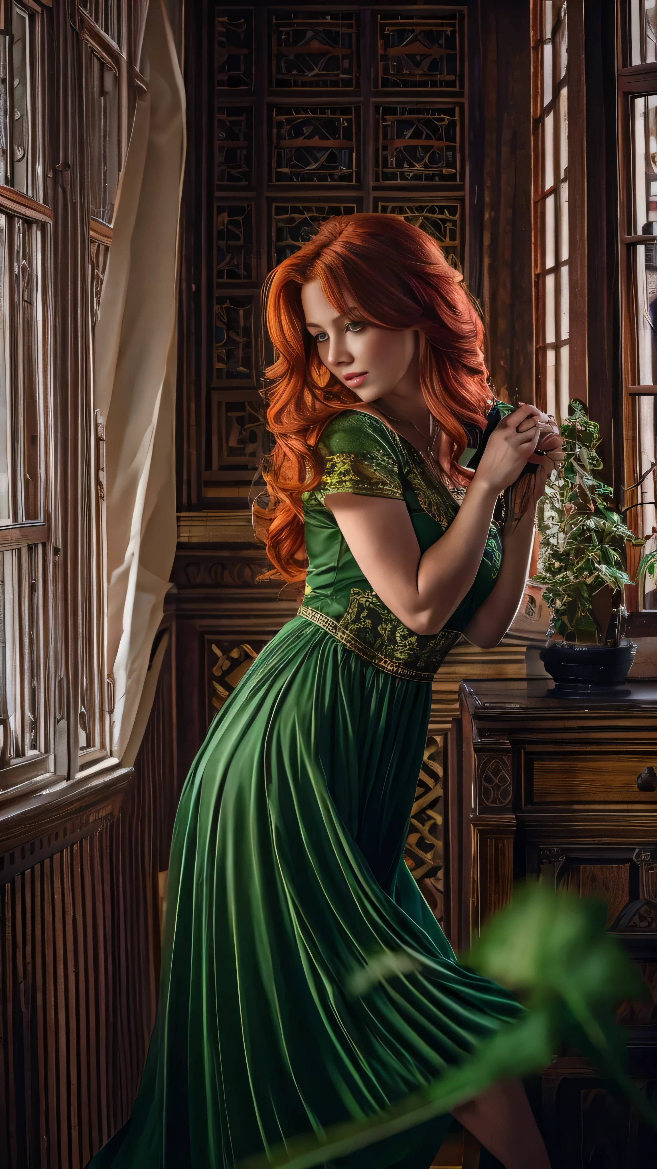 High resolution, (The finest details) (Best Quality), Redhead woman with long red hair and green dress taking a photo, Mature and gorgeous, Natural light and shadow