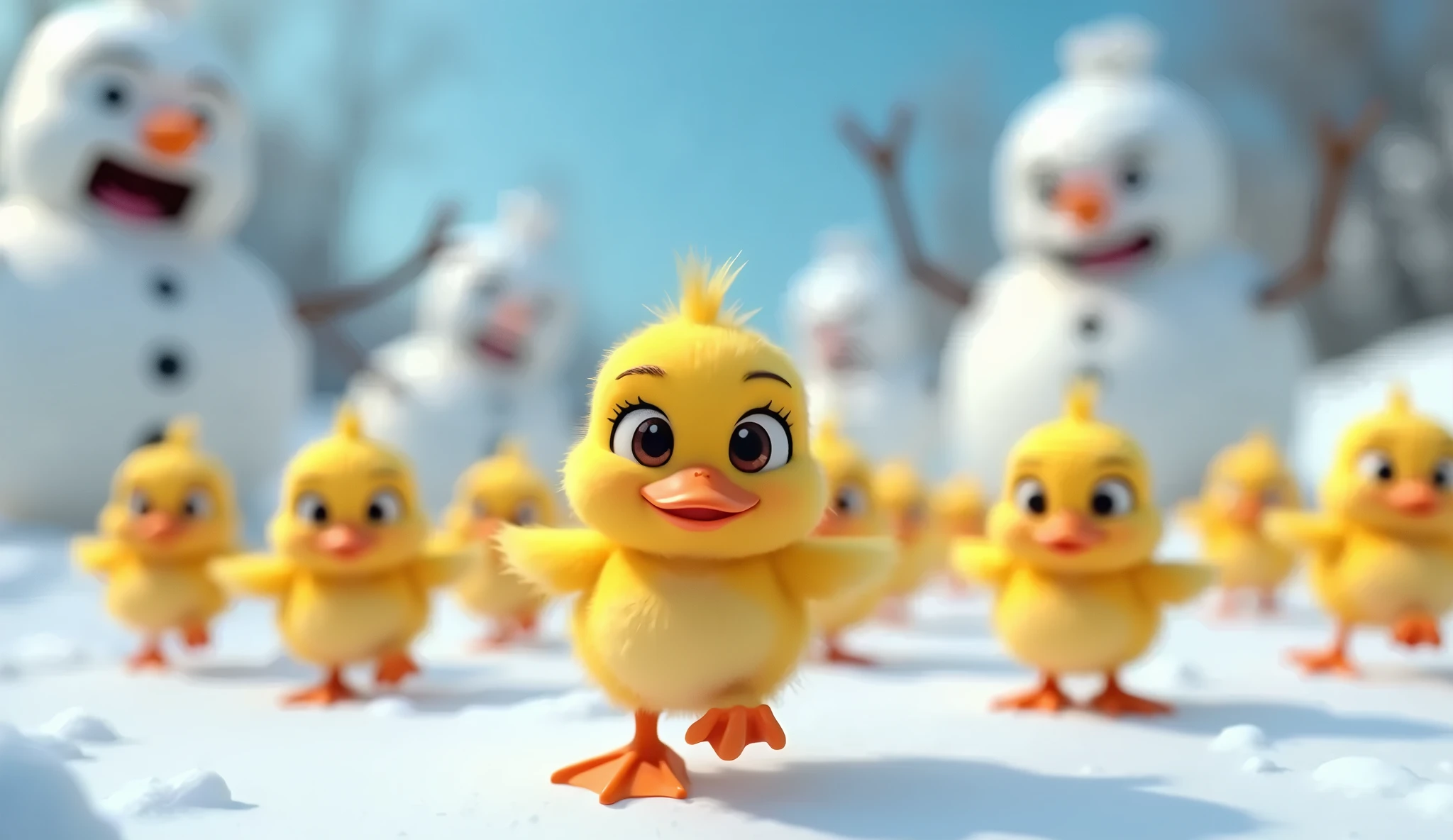 "in cinematic 3D cartoon style images” several yellow bady ducks are running from evil snowmen