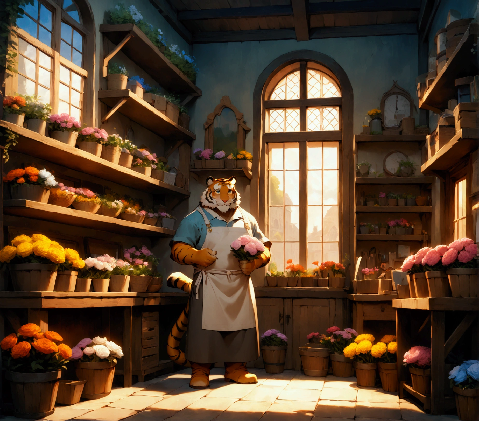 florist, plump middle-aged tiger man, happy, light smile, marigold, slacks, apron, standing, presenting a bouquet of flowers, dynamic pose, evening, england, flower shop, outdoor, detailed painting landscape, BREAK full body in Michelangelo Buonarroti style, digital illustration anime, character focus, full body, looking away, dynamic angle, BREAK complete anatomy, perfect proportions, beautiful thigh gap, fluffy body, intricate fur details, beautiful fur texture, BREAK detailed tiger tail, detailed boots, beautiful foot, detailed hands, 5fingers, 5fingers nails, BREAK aesthetic anime face, insanity detailed face, male face, big face, square jawline, aesthetic anime eyes, detailed brown eyes, detailed brown cornea, detailed dark brown irises, detailed pupils, male eyes, big eyes, male eyebrows, innocent look, beautiful beard, BREAK masterpiece, official art, best quality, very aesthetic, absurdres, super fine illustration, great quality, BREAK noise reduction, very highres, large filesize, high quality, 32K, 8k wallpaper, dynamic lighting, BREAK insanity detailed, ultra detailed, intricate details, extremely detailed, detailed texture, an extremely delicate and beautiful, full color, HDR, BREAK e621 illustration, Fur Affinity illustration, osukemo, kemohomo, anthropomorphic, furry, cartoon, harmonious eyes, pastoral body, virtuous face, floral atmosphere 