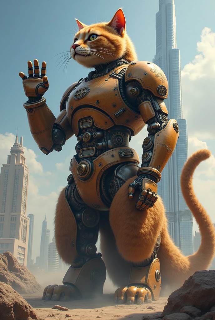 Illustration, steampunk cat-shaped robot making a peace sign, other hand resting on the tip of the Burj Khalifa, the cat-shaped robot is super-sized and overwhelmingly large, the same height as the Burj Khalifa, brown tiger in colour, tail long and reaching upwards.