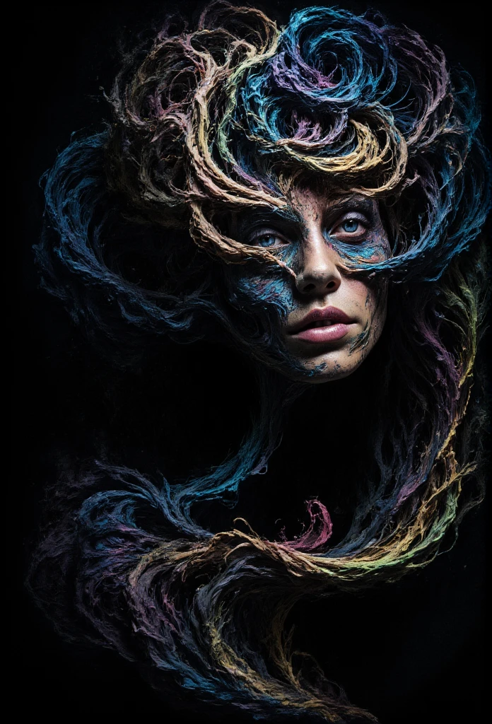 A beautiful female artist paints a large self-portrait in her dimly lit studio, surrounded by brushes and vibrant colors. Her calm, serene appearance contrasts with the dark, twisted, and distorted portrait she creates. The self-portrait is increasingly depressing, with dark, muted colors, chaotic brush strokes, and warped features that reflect emotional pain, despair, mental illness, and inner turmoil. The atmosphere is heavy, the painting a symbol of her mental struggle.