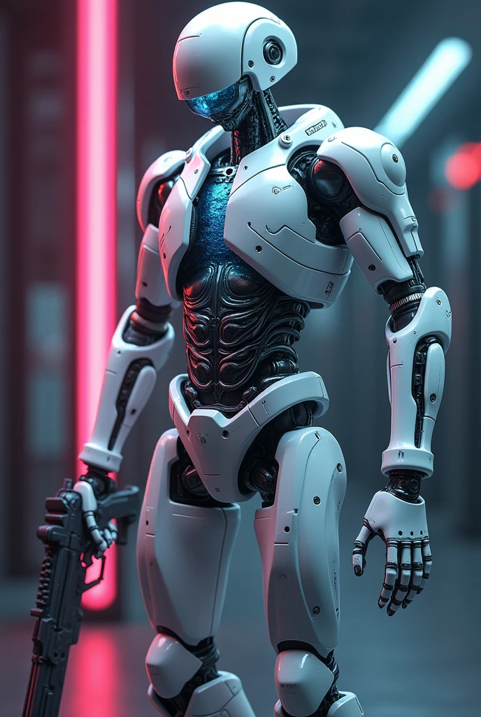  Futuristic skeleton  (skinless no ), white metal bones ,  2 water bombs connecting the brain to internal organs,  Robotic organs ,  Neon illuminated background , full body, imposing posture, strong,  holding a plasma super weapon ,  soldier posture , high resolution 8k, very detailed,