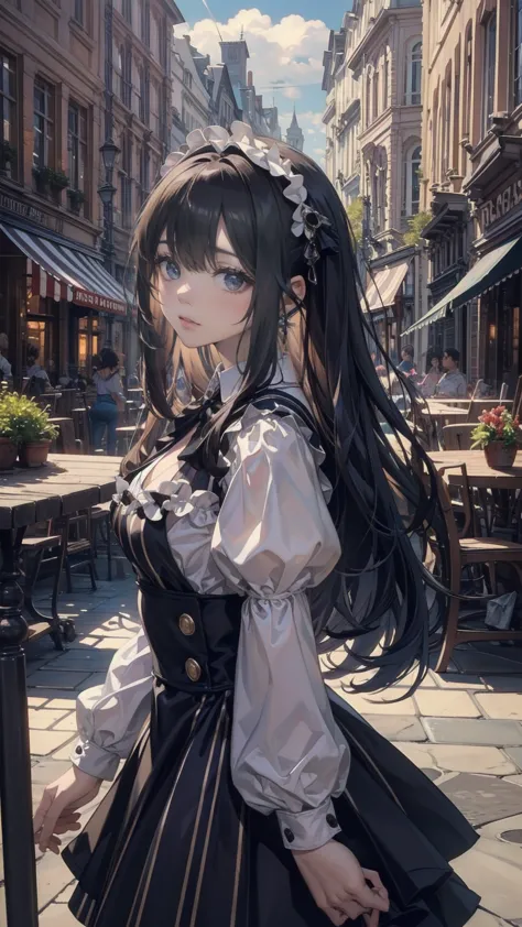 ((Striped Hair, Messy Hair, Big Hair)), ((Expressive hair)), Without hair band, Cinema Lighting, Bust Chart, First Person View, Ultra-high resolution, (((masterpiece, Textured Skin))), (Super detailed),  detailed , High image quality, ((Best Quality)), 16k, Gothic Costume, Upturned eyes, cute girl, Ruffled dress, On the open terrace of a cafe, Les Deux Magots
