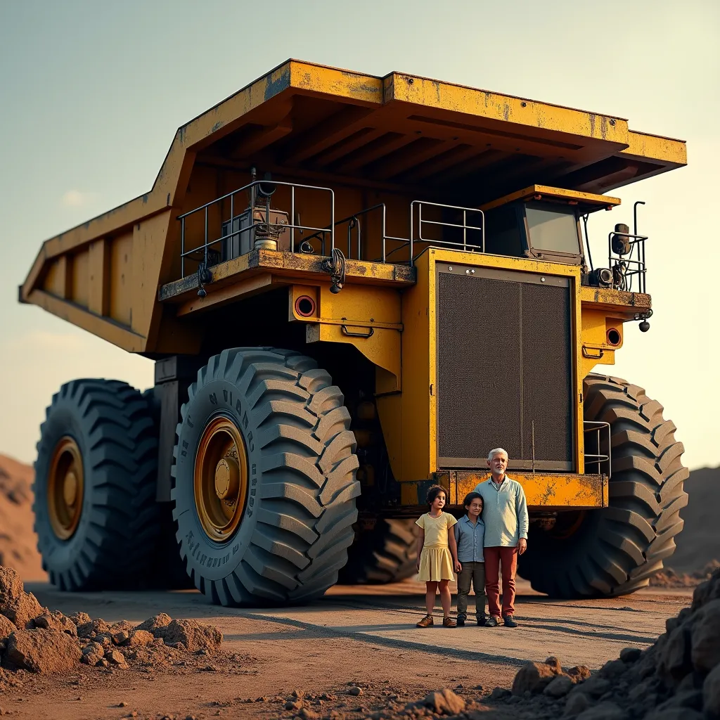 giant mining dump truck, massive heavy duty mining dump truck, wide angle shot of family taking photo with huge tires of massive mining dump truck, extremely detailed, photorealistic, 8k, HDR, studio lighting, cinematic, dramatic lighting, warm color palette, depth of field, wide angle lens, high quality, highly detailed, intricate details, sharp focus, volumetric lighting, realistic textures, photo-realistic, masterpiece