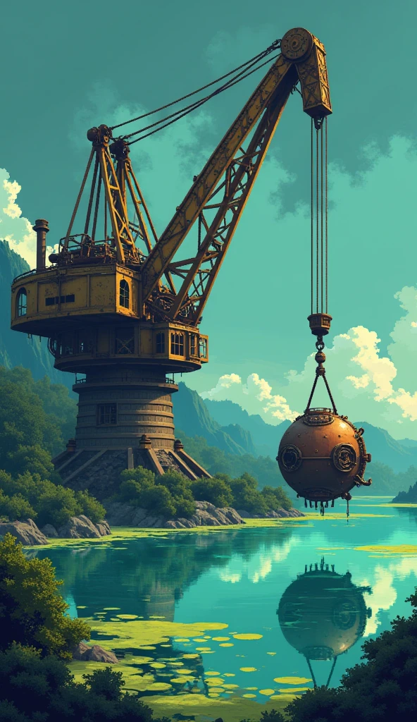 Cute pixel style, 16bit, giant steam-powered crane with brass gears and pipes lifts an ancient rusted machine out of a lake covered in glowing algae, the surface of the water reflecting the intricate details of both machine and crane.