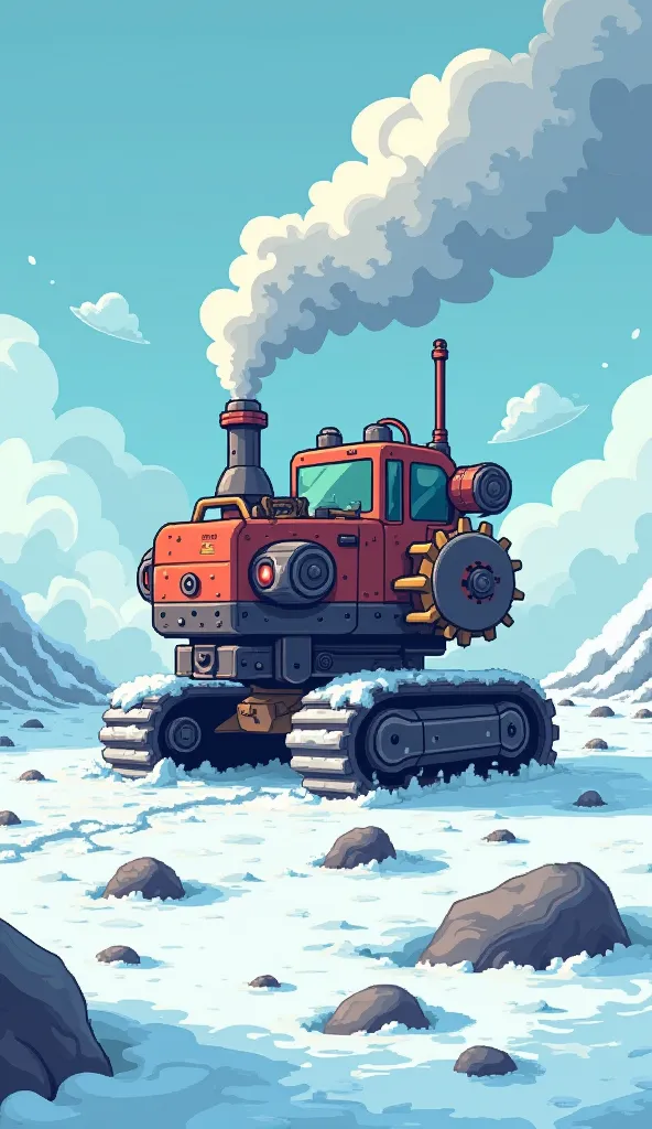 Cute pixel style, giant steam-powered drill plows through the icy surface of a frozen tundra, its gears turning with heavy plumes of steam rising into the cold air, revealing ancient fossils embedded in the ice beneath.