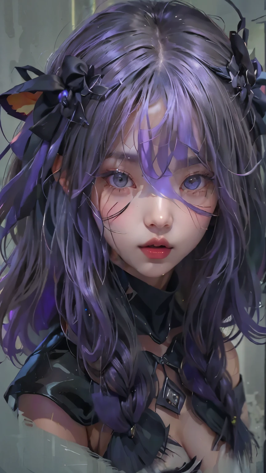 A mysterious and elusive character inspired by Arknights' Manticore, with long, wild lavender hair that cascades down her back, adding to her shadowy and untamed appearance. Her eyes are a glowing amber, peering from beneath her hair with an eerie calm, reflecting her stealthy nature. She wears a dark, form-fitting outfit in shades of purple and black, designed for silent movement and blending into the shadows. The outfit is accented with subtle, claw-like designs, evoking her predatory instincts. Her long, scorpion-like tail curls behind her, tipped with a sharp, venomous stinger that gives her a menacing edge. Manticore's overall look is that of a silent assassin, blending darkness, danger, and stealth